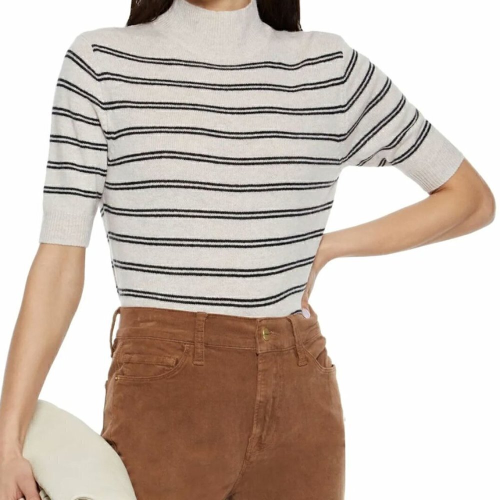 NWT FRAME Size L Stripe Wool & Cashmere Crop Sweater In Oatmeal MSRP$295 - Picture 2 of 12